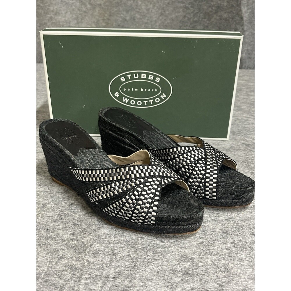 Stubbs Wooton Sandals Womens 7 Check Noir Kelly Espadrilles Wedges Rib Open Toe